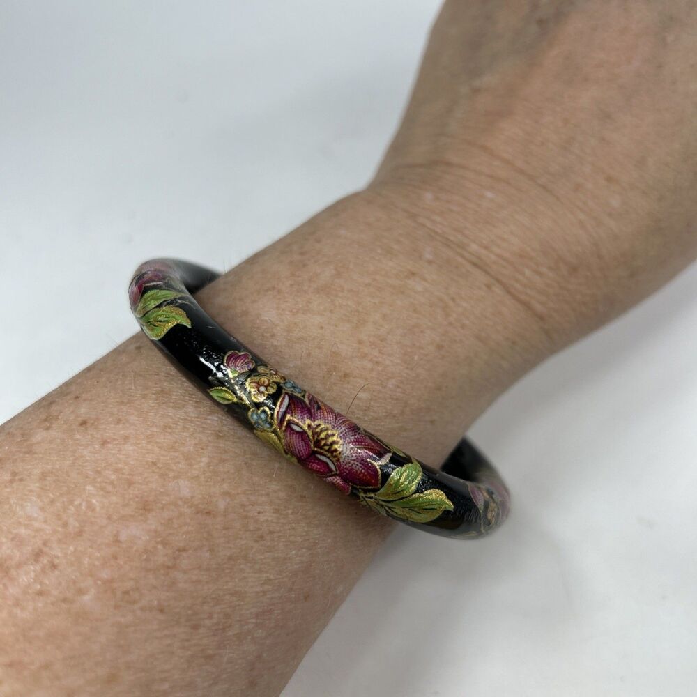 Vintage Cloisonné Bangle Bracelet Black Pink Green Wood Hand Painted Flowers